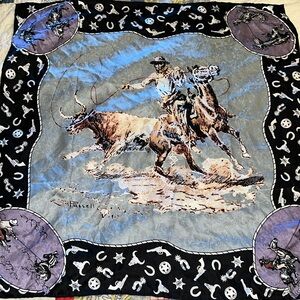 C.M. Russell large western cowboy silk scarf horse equine 34” square hand rolled